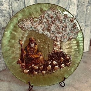 Handcrafted Green Decorative Art Plate with Tree and Sage Figure